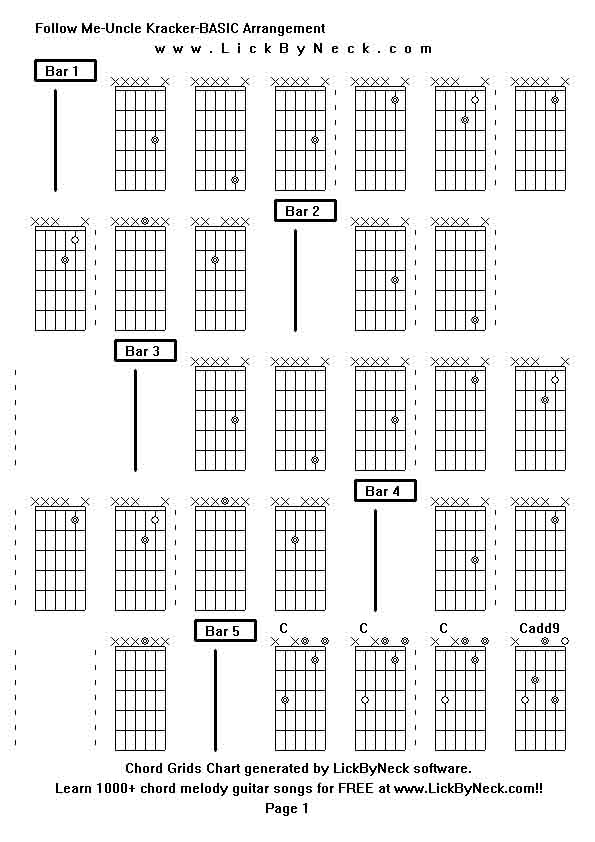 Chord Grids Chart of chord melody fingerstyle guitar song-Follow Me-Uncle Kracker-BASIC Arrangement,generated by LickByNeck software.